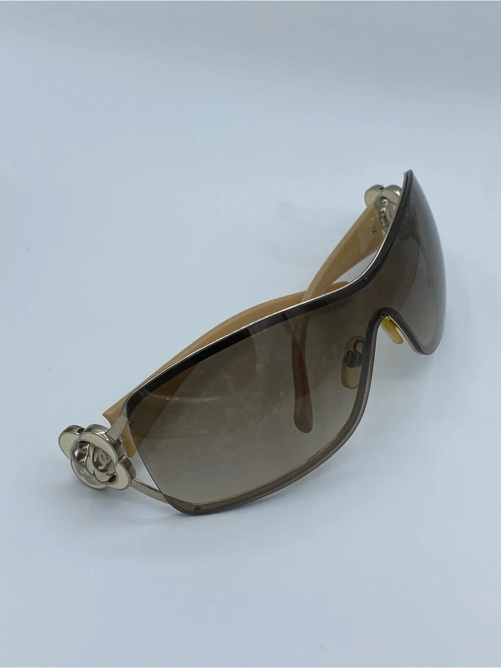 CHANEL Brown Gradient Shield Sunglasses with Gold Camellia Accents